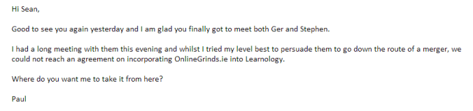 Email to Sean saying a merger was a no go